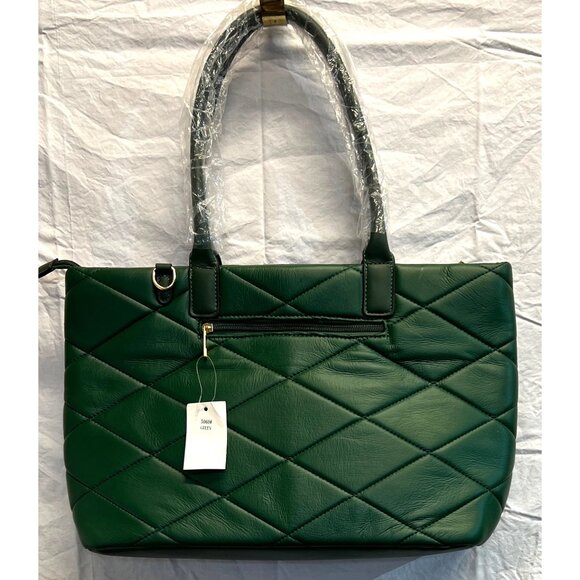 Hunter Green Quilted Leather Tote Bag With Top Handles And Zipper Closure - Picture 2 of 4